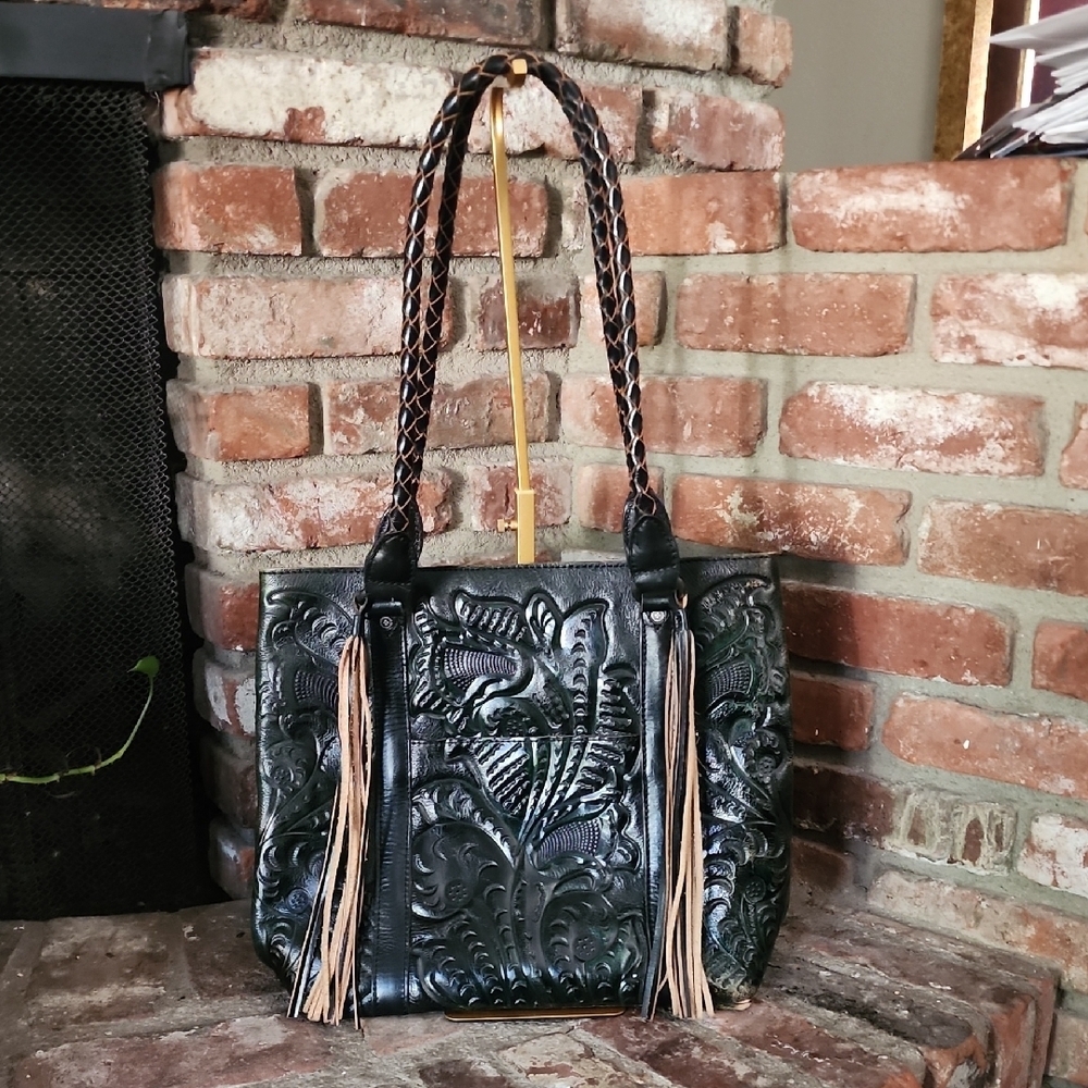 Patricia Nash Tooled Embossed Green Leather Tote Fringe Boho Bag
